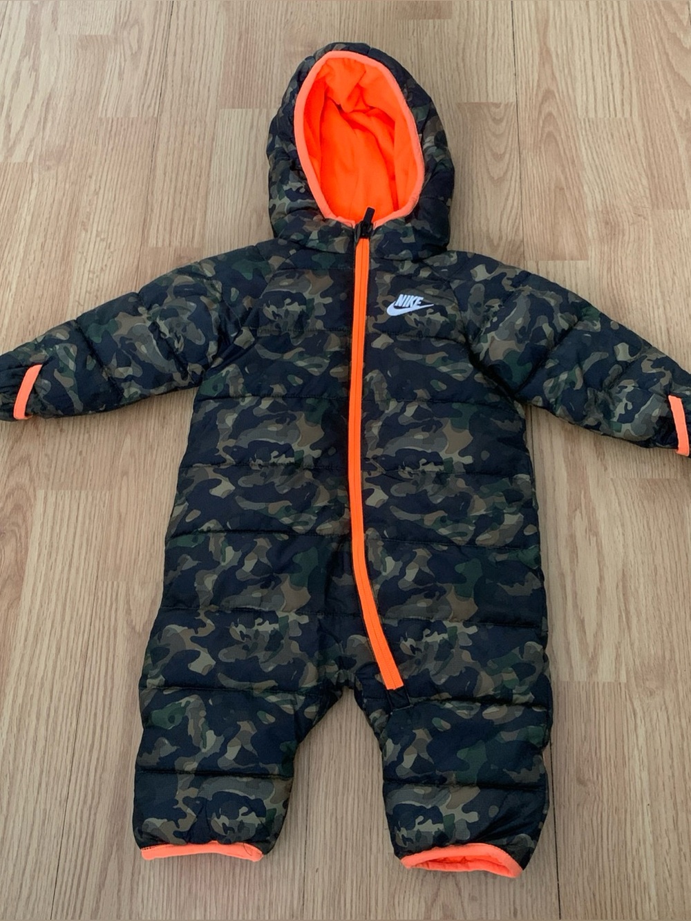 Nike Baby Boys 1-Piece Snowsuit Camo Orange Hood 6 Months Insulated Puffer EUC